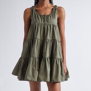 New Cecilie Bahnsen Aino Tiered Recycled Faille Minidress in Olive Green Size 4